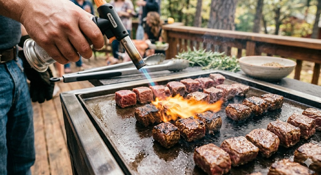 Beef cubes being grilled on a grill